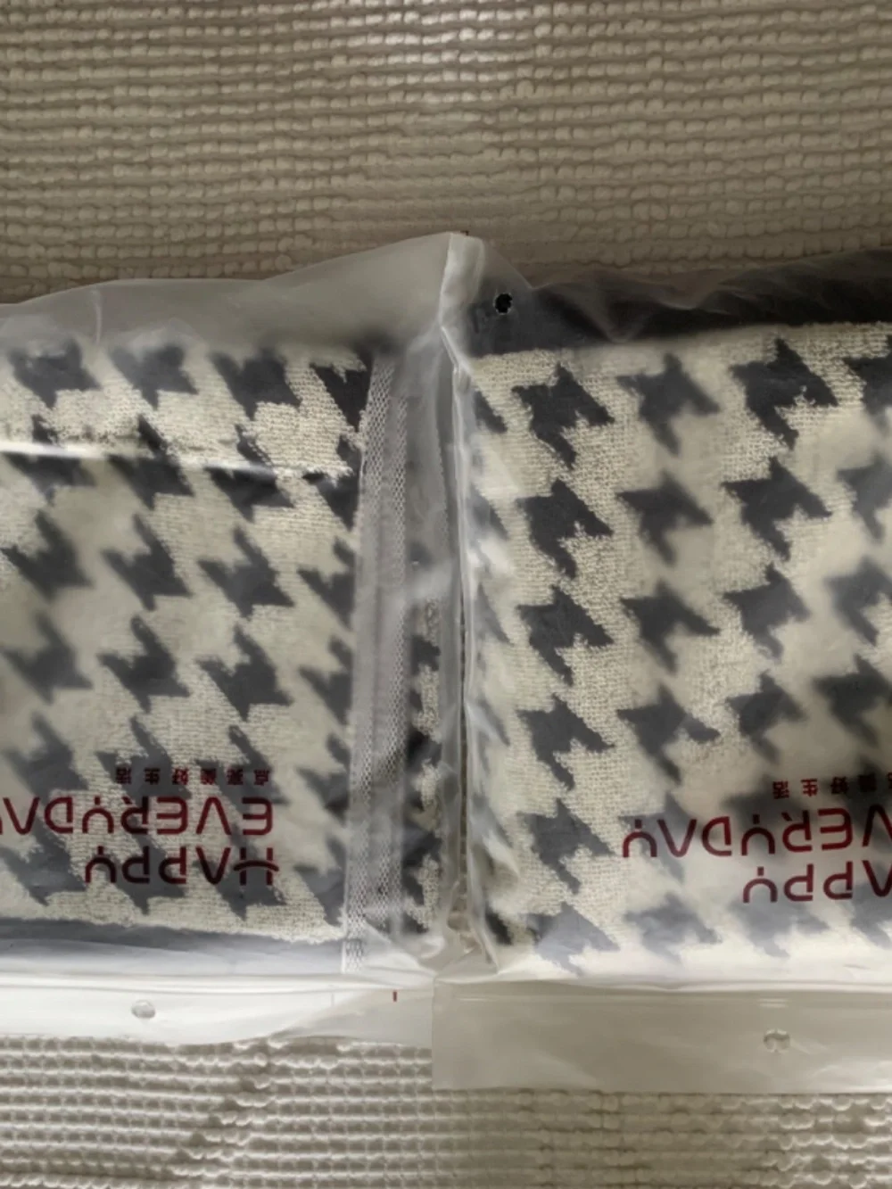 Two Black and White Houndstooth Hand Towels